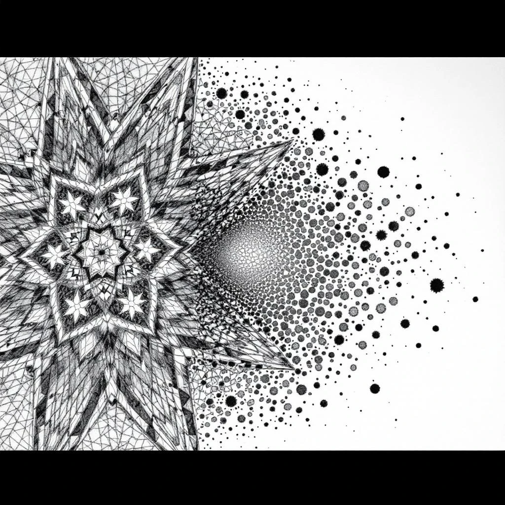 Graphite sketch of a star pattern (like Bittoéng Panjala) drawn with firm, dark lines on the left, fading into faint, fragmented sketches and eraser marks on the right.