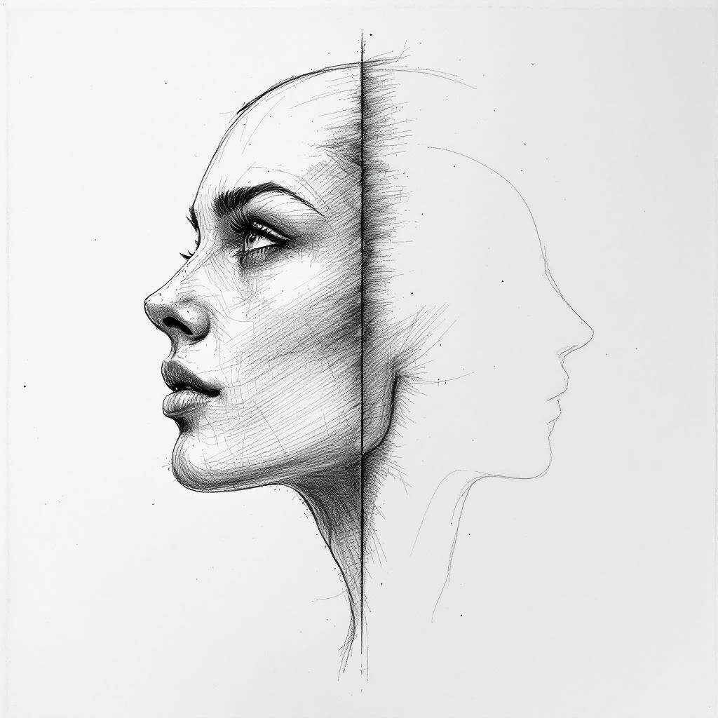 Sketch of a single human head profile in two halves: one side with hopeful, upward-gazing features and light shading; the other with concerned, downward-gazing features and darker crosshatching