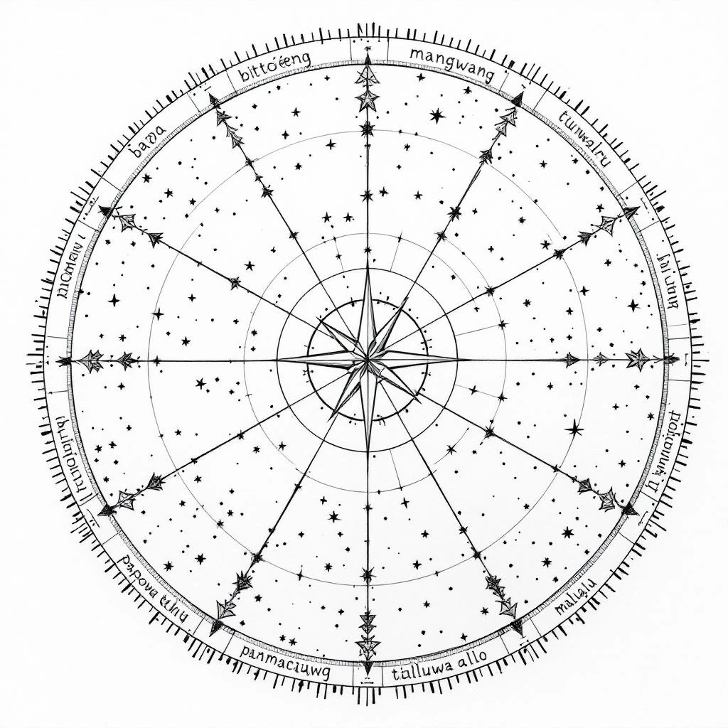 Diagram showing ten Mandar star patterns arranged in a circular chart with their traditional names