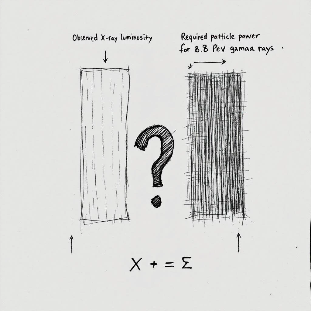 Graphite sketch diagram comparing observed X-ray luminosity versus required particle power for gamma-ray emission