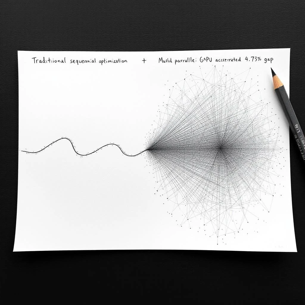 Sketch comparing traditional sequential optimization versus GPU-accelerated parallel optimization for large-scale problems