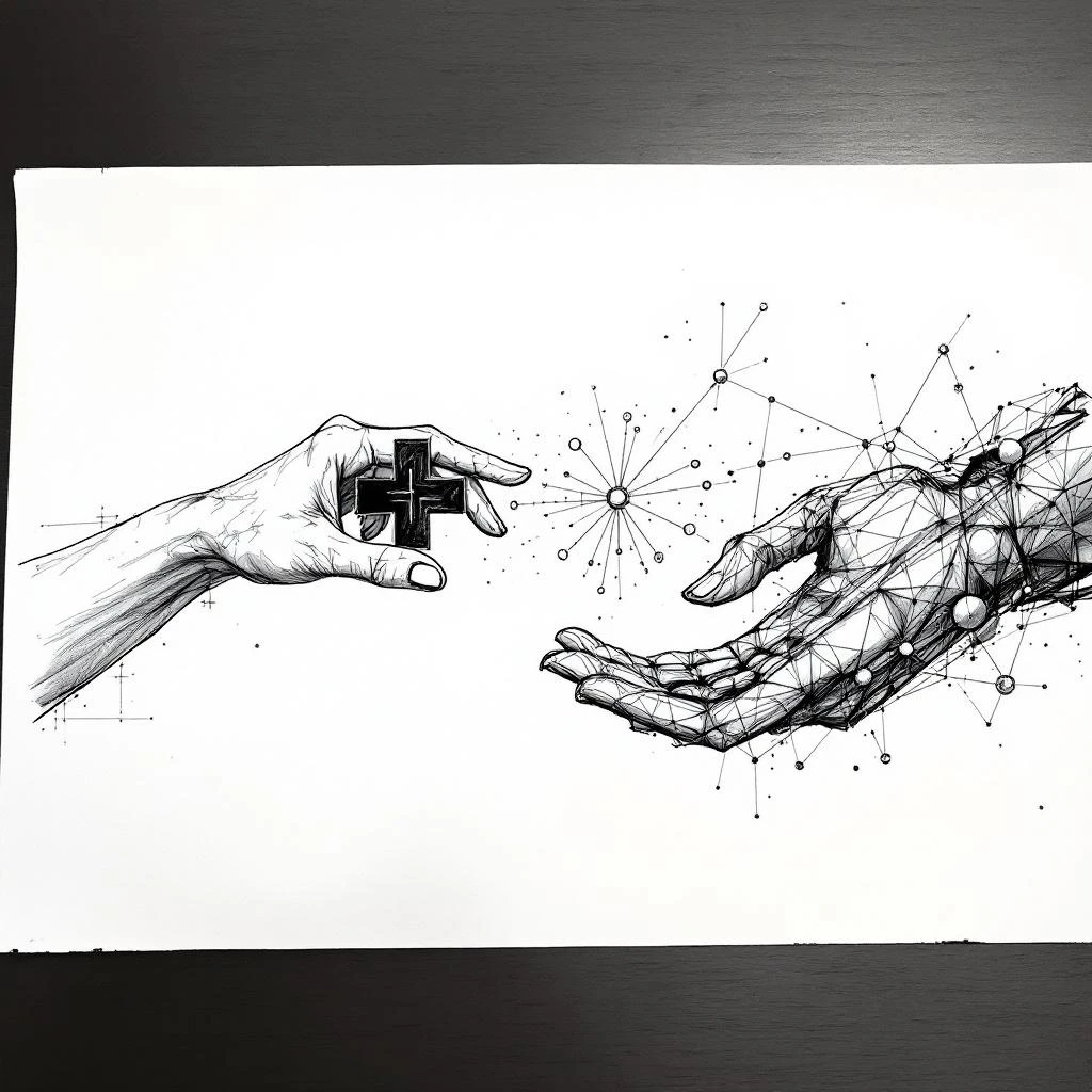 Conceptual sketch of a human hand and a stylized, abstract AI 'hand' collaboratively holding a medical cross and a document, with light connecting them