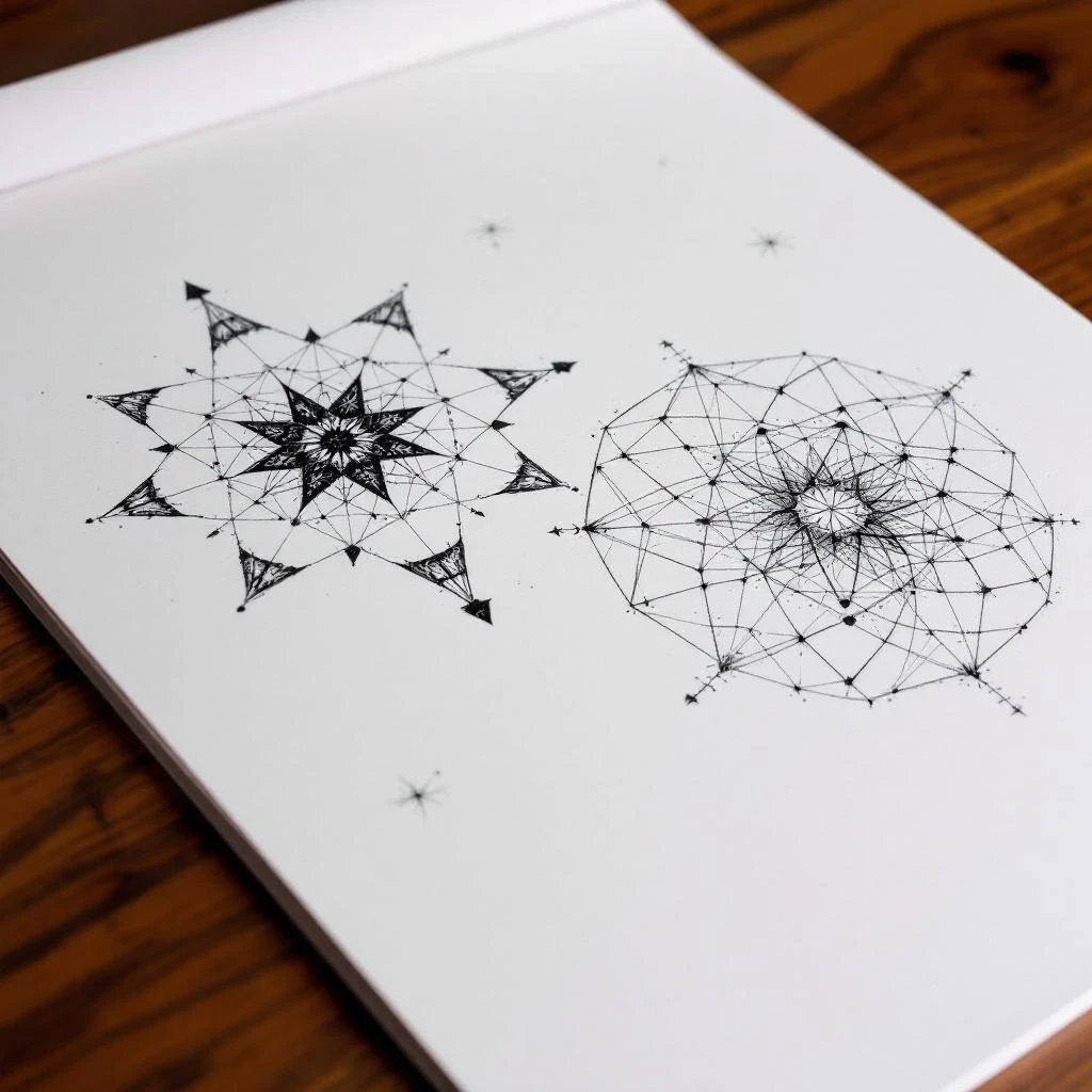 Side-by-side graphite sketch study comparing the conceptual forms of a Mandar star pattern and a Bugis star pattern, showing similar yet distinct organic shapes.