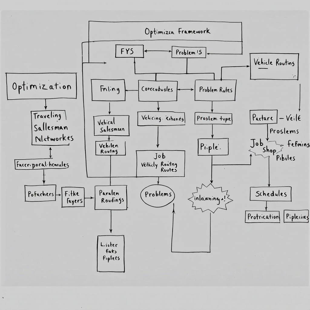 Sketch showing a unified framework architecture with multiple optimization problem types flowing through parallel processing pipelines