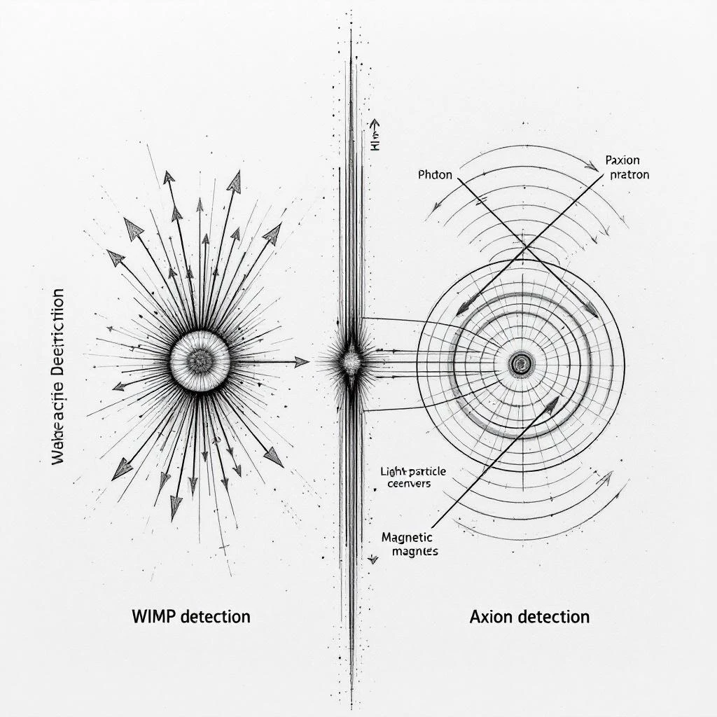 Diagram comparing WIMP and axion detection approaches with different detector types